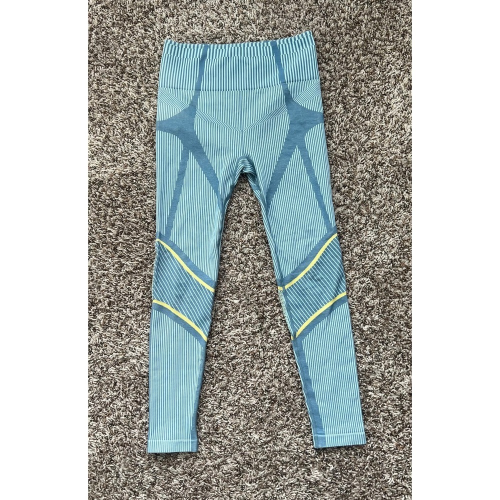 Seamless High Waisted Compression Leggings Teal Blue Striped (0905) - Picture 2 of 8